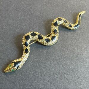 GIOVANNI Gold Tone Black Enamel White Rhinestone Green eyes SNAKE Brooch